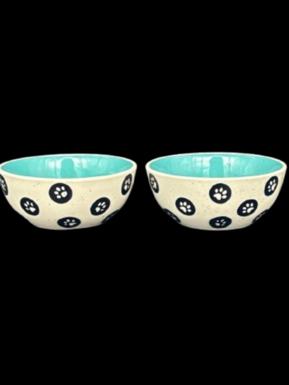 Whisker City Ivory Aqua "Paw" Ceramic 8 OZ Cat Food Water Bowls Set of 2